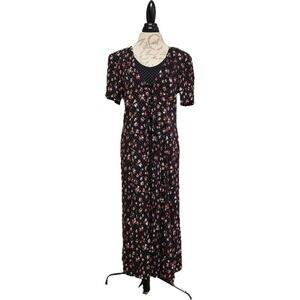 Vtg 90s Brett‎ Alixander Black Floral Polka Dot Maxi Dress Sz 11/12 Academia